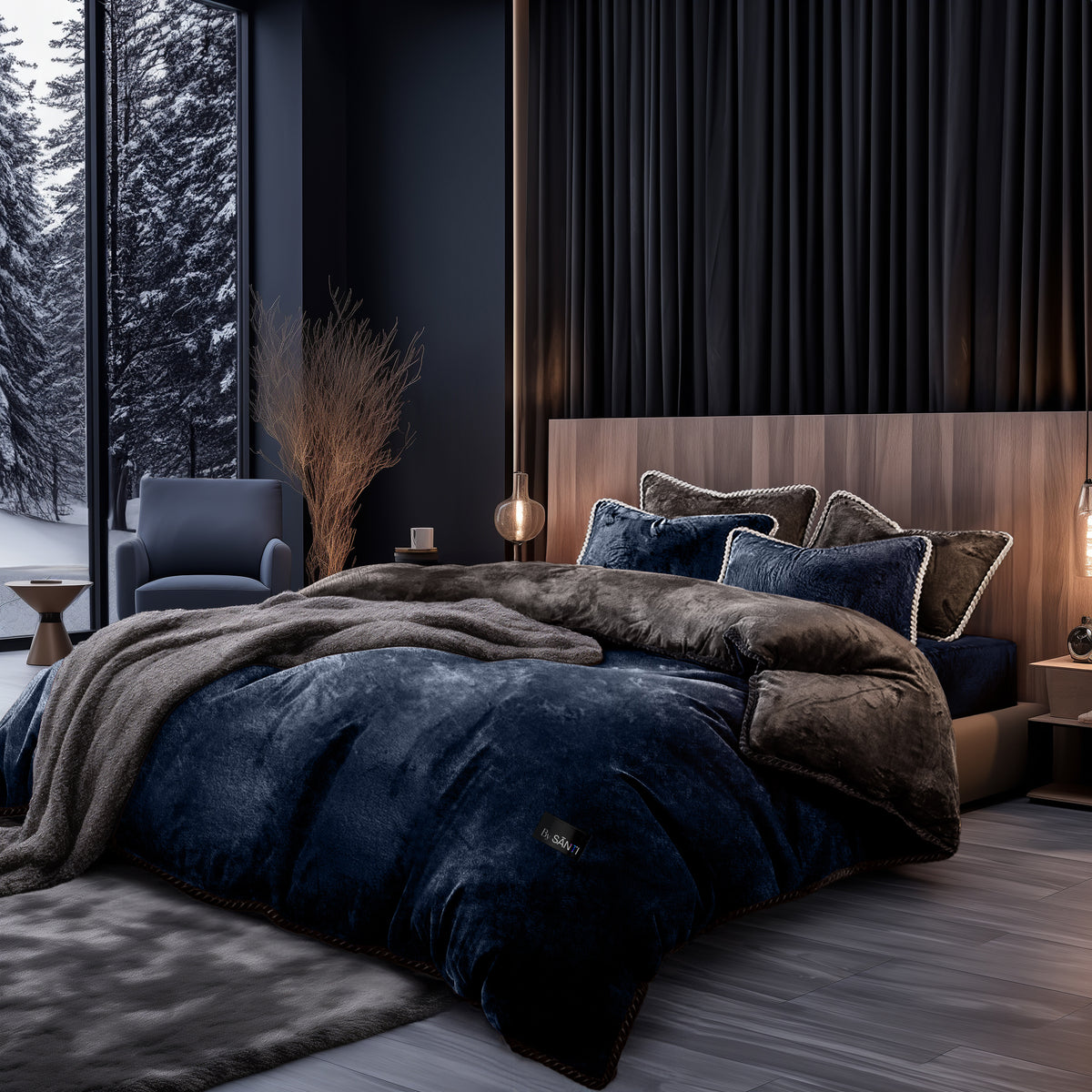 Amorgos plush velvet bedding set displayed on a queen size bed