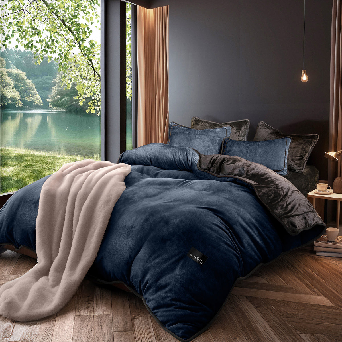 Velos velvet bedding set styled in a luxury modern bedroom
